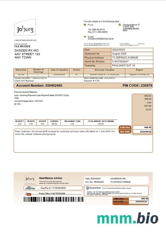 Republika Południowej Afryki Joburg rachunek za usługi komunalne Word and PDF template-pages